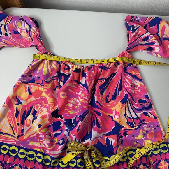 Lilly Pulitzer Sanilla Silk Top Off the Shoulder Pink Fusion Medium Floral - Picture 9 of 10